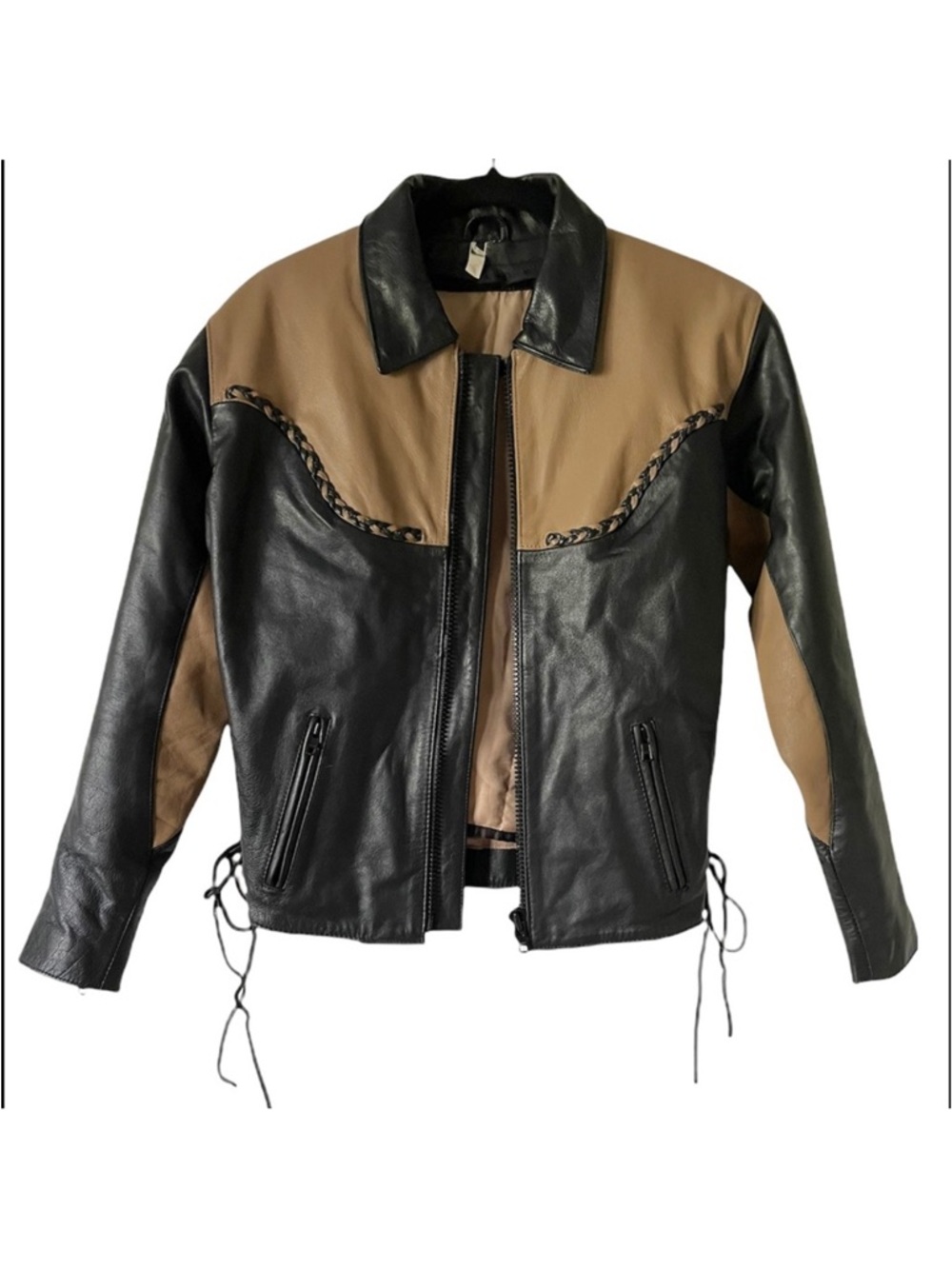 Vintage Genuine Leather Black & Tan Lined MOTTO Jacket Braided Detail Accents SM